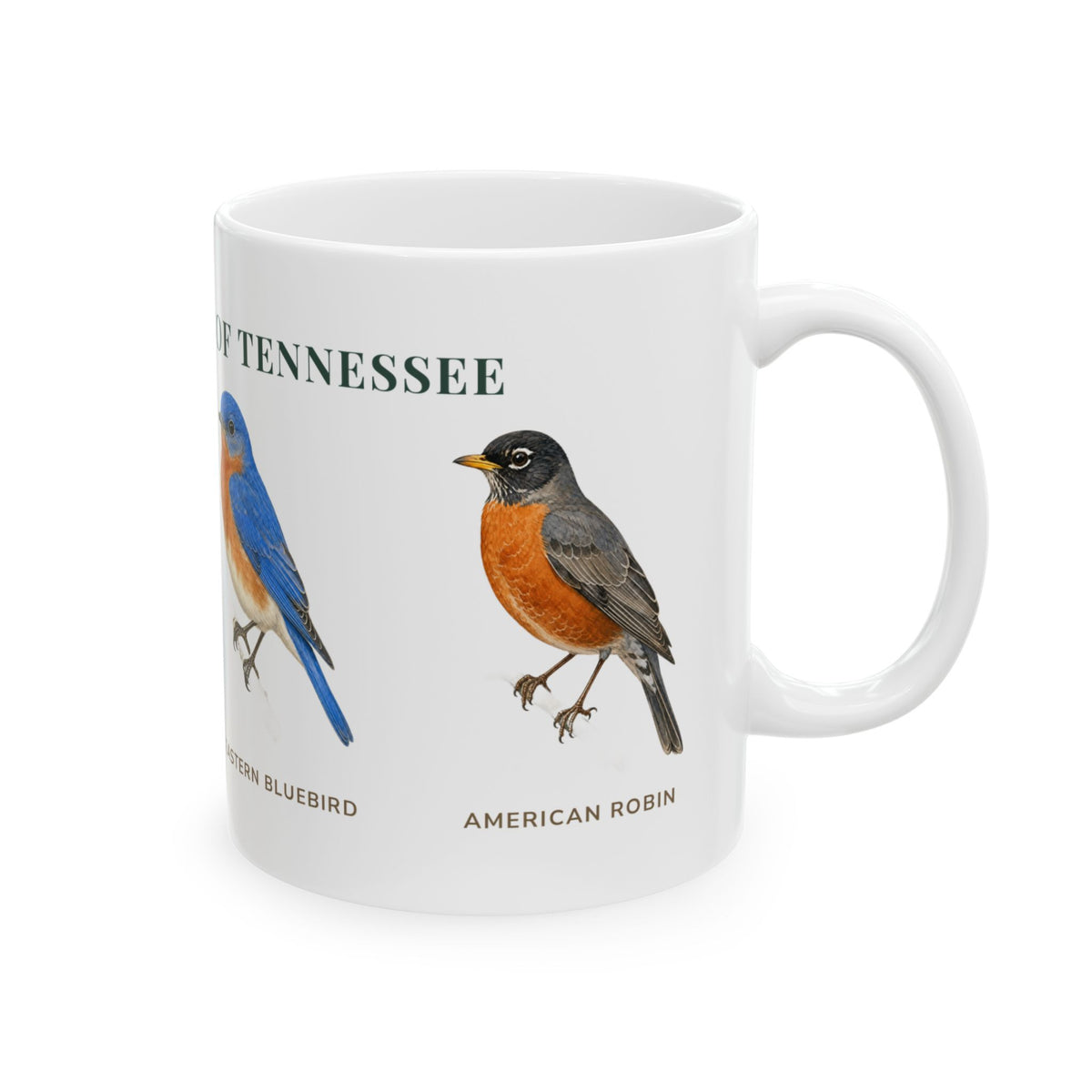 Backyard Birds of Tennessee mug, alternate view — labeled Carolina Wren, Eastern Bluebird and Cardinal illustrations