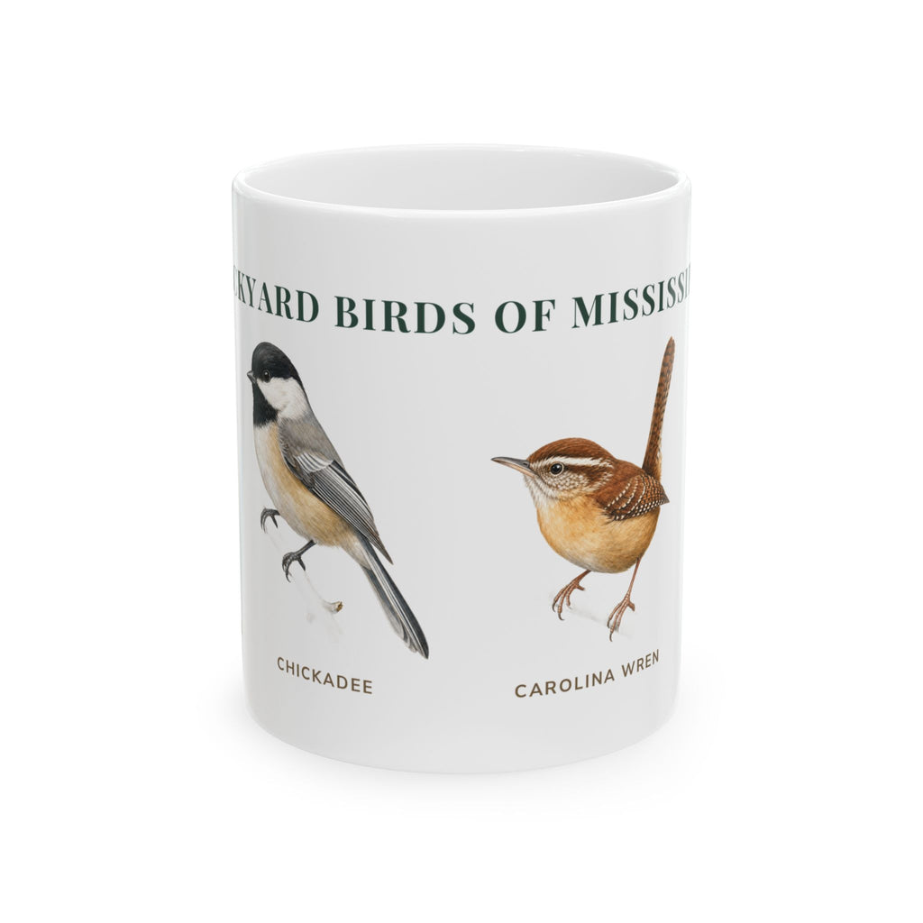 Backyard Birds of Mississippi ceramic mug with labeled Chickadee and Carolina Wren illustrations