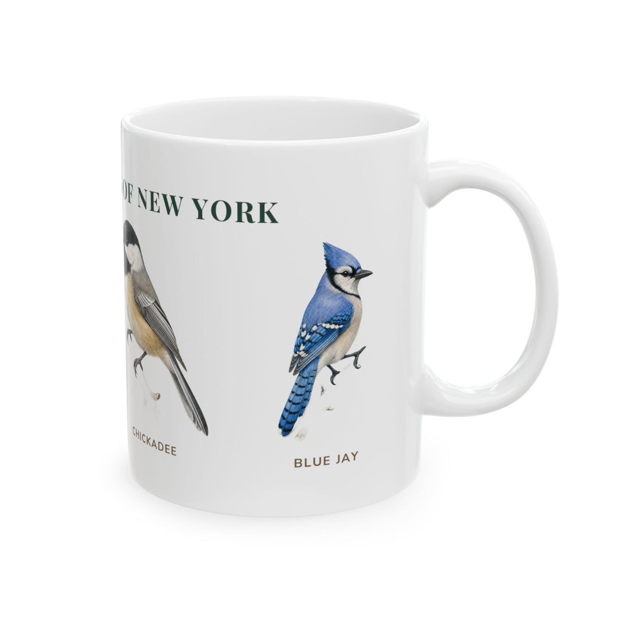 Backyard Birds of New York mug, alternate view — labeled Eastern Bluebird, Cardinal, Chickadee and Blue Jay illustrations