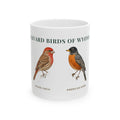 Backyard Birds of Wyoming ceramic mug with labeled House Finch and American Robin illustrations