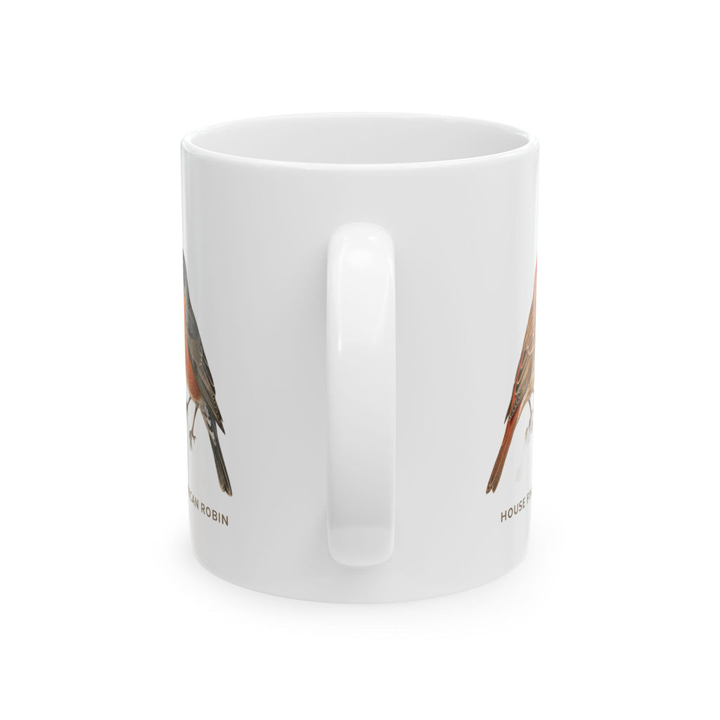 Backyard Birds of Colorado mug, alternate view — labeled House Finch, hummingbird, Chickadee and Robin illustrations