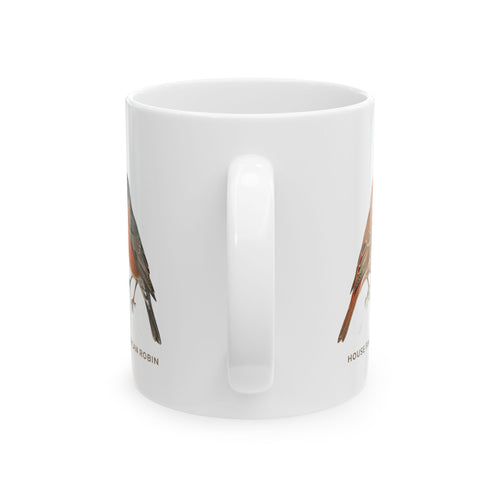 Backyard Birds of Colorado mug, alternate view — labeled House Finch, hummingbird, Chickadee and Robin illustrations