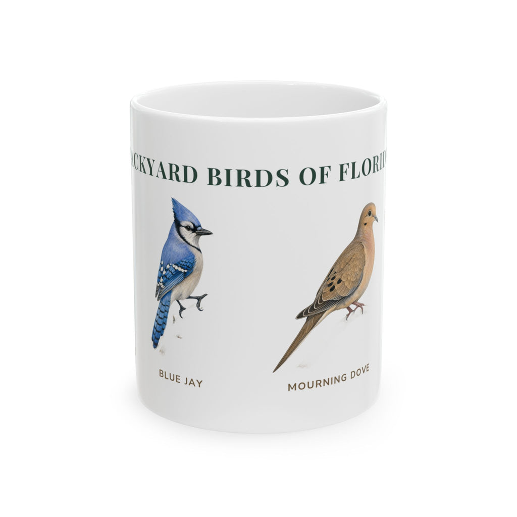 Backyard Birds of Florida ceramic mug with labeled illustrations of Blue Jay, Mourning Dove and Northern Cardinal