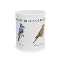 Backyard Birds of Florida ceramic mug with labeled illustrations of Blue Jay, Mourning Dove and Northern Cardinal