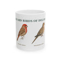 Backyard Birds of Delaware ceramic mug with labeled House Finch and Mourning Dove illustrations