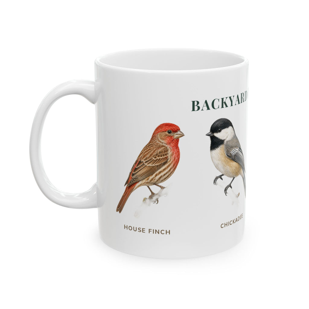 Backyard Birds of Utah mug, left side with labeled bird illustrations