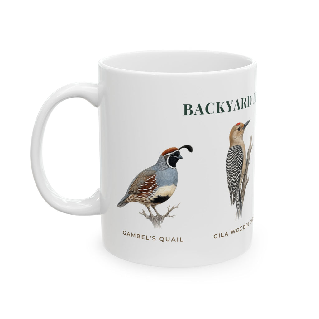 Backyard Birds of Arizona Mug — Labeled Gambel's Quail, Gila Woodpecker, Anna's Hummingbird & Lesser Goldfinch (11oz)