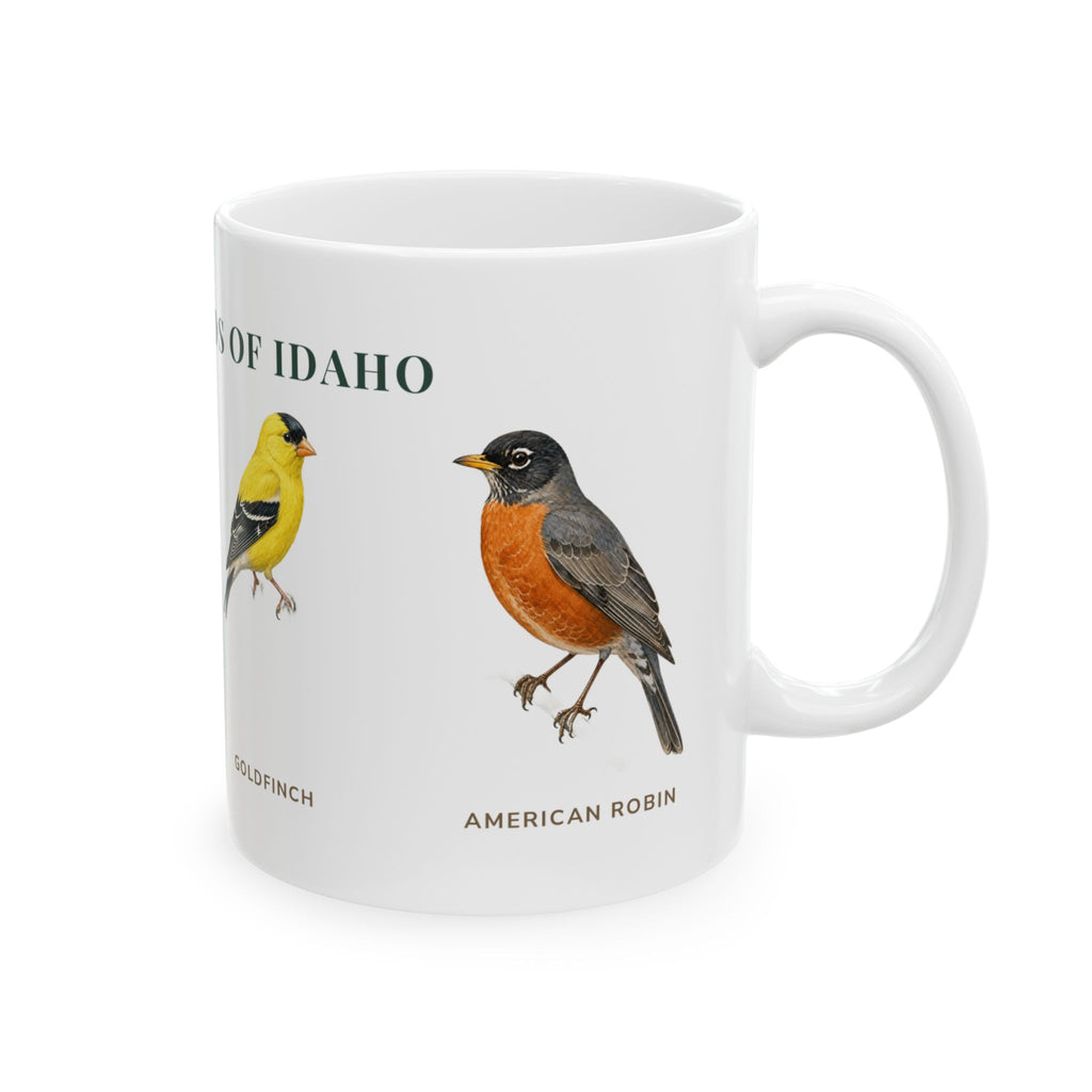 Backyard Birds of Idaho mug, right side with labeled bird illustrations