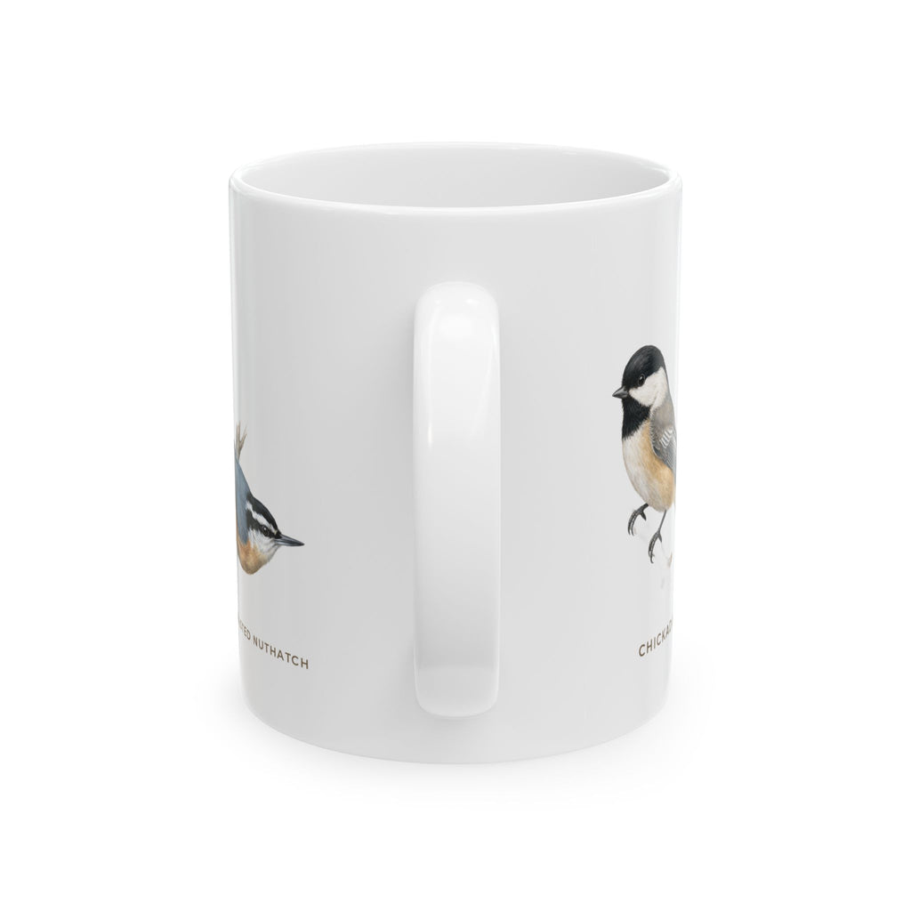 Backyard Birds of Alaska Mug — Labeled Chickadee, Steller's Jay, Common Redpoll & Red-breasted Nuthatch (11oz)