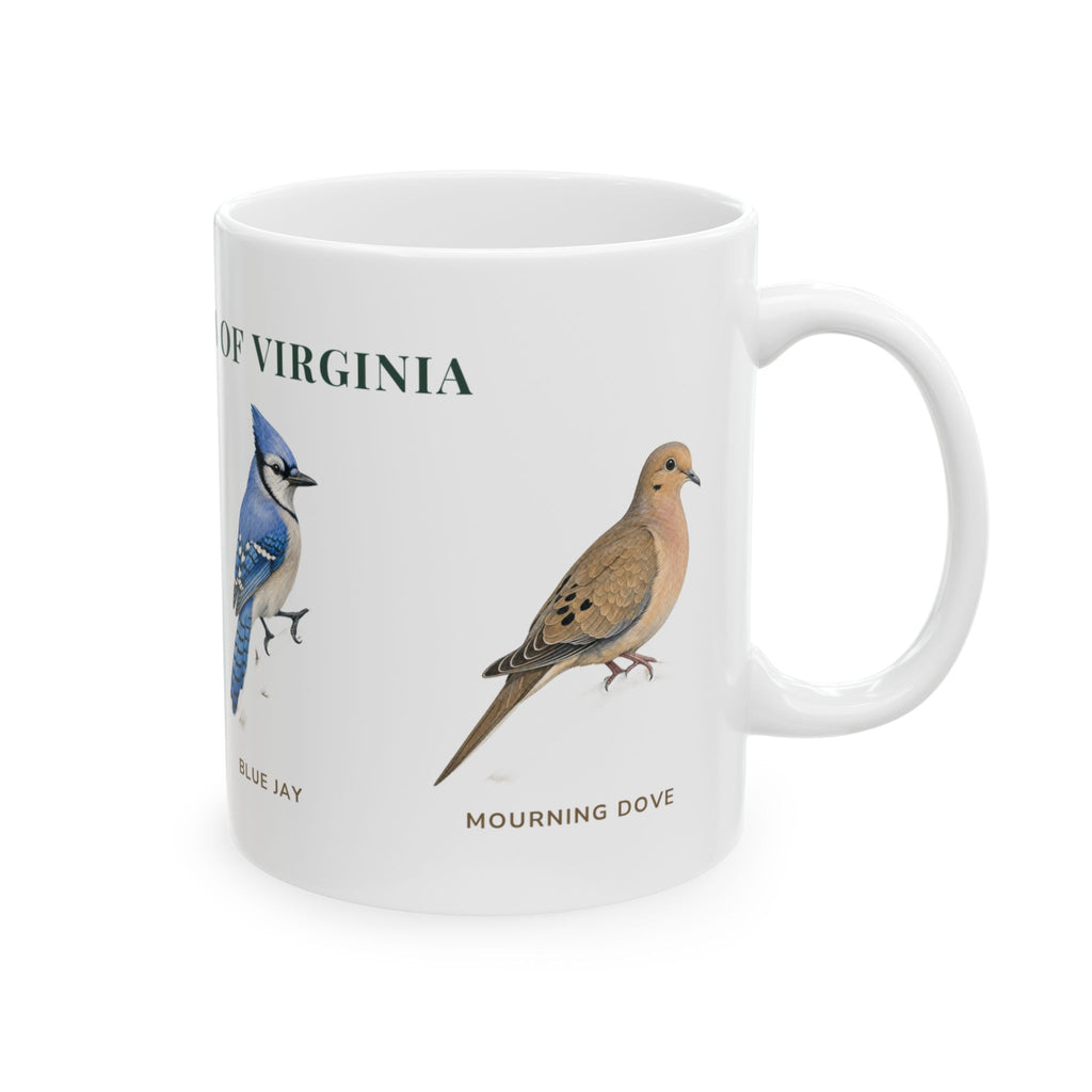 Backyard Birds of Virginia mug, alternate view — labeled Carolina Wren, Blue Jay and Cardinal illustrations