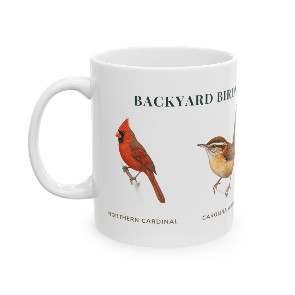 Backyard Birds of North Carolina mug, alternate view — labeled Carolina Wren and Eastern Bluebird illustrations