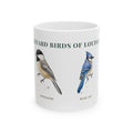 Backyard Birds of Louisiana ceramic mug with labeled Chickadee and Blue Jay illustrations