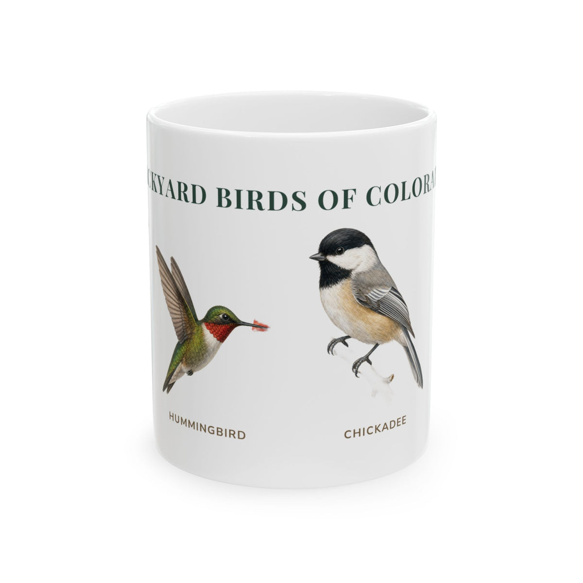 Backyard Birds of Colorado ceramic mug with labeled illustrations of House Finch, hummingbird, Black-capped Chickadee and American Robin