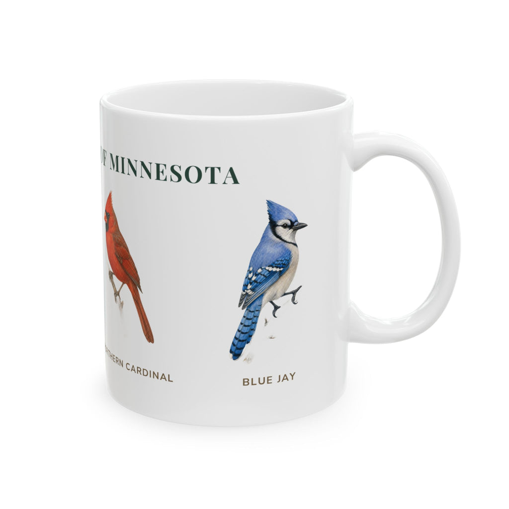 Backyard Birds of Minnesota Ceramic Mug – Goldfinch, Cardinal, Blue Jay & Chickadee Coffee Cup (11oz/15oz)