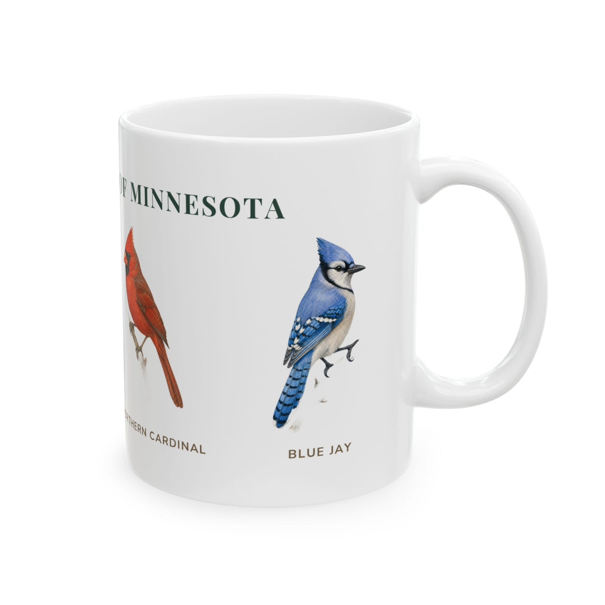 Backyard Birds of Minnesota Ceramic Mug – Goldfinch, Cardinal, Blue Jay & Chickadee Coffee Cup (11oz/15oz)
