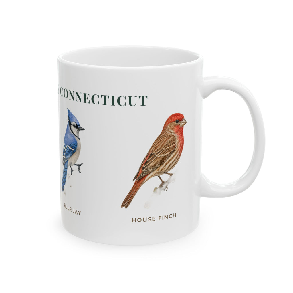 Backyard Birds of Connecticut mug, right side with labeled bird illustrations