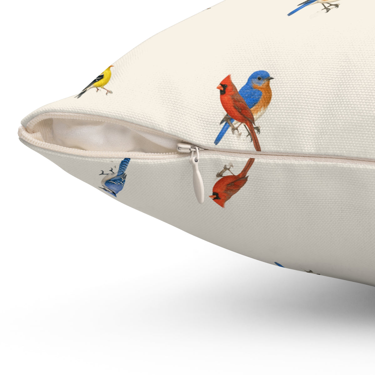 Backyard Songbird pillow, 18 x 18 inch, zipper detail