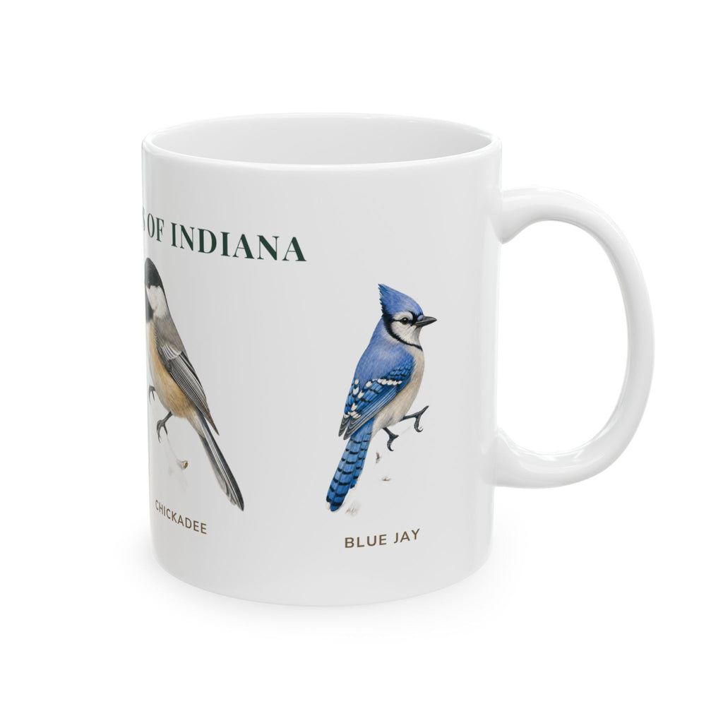 Backyard Birds of Indiana mug, alternate view — labeled Goldfinch, Chickadee, Cardinal and Bluebird illustrations