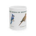 Backyard Birds of Rhode Island ceramic mug with labeled Blue Jay and Mourning Dove illustrations