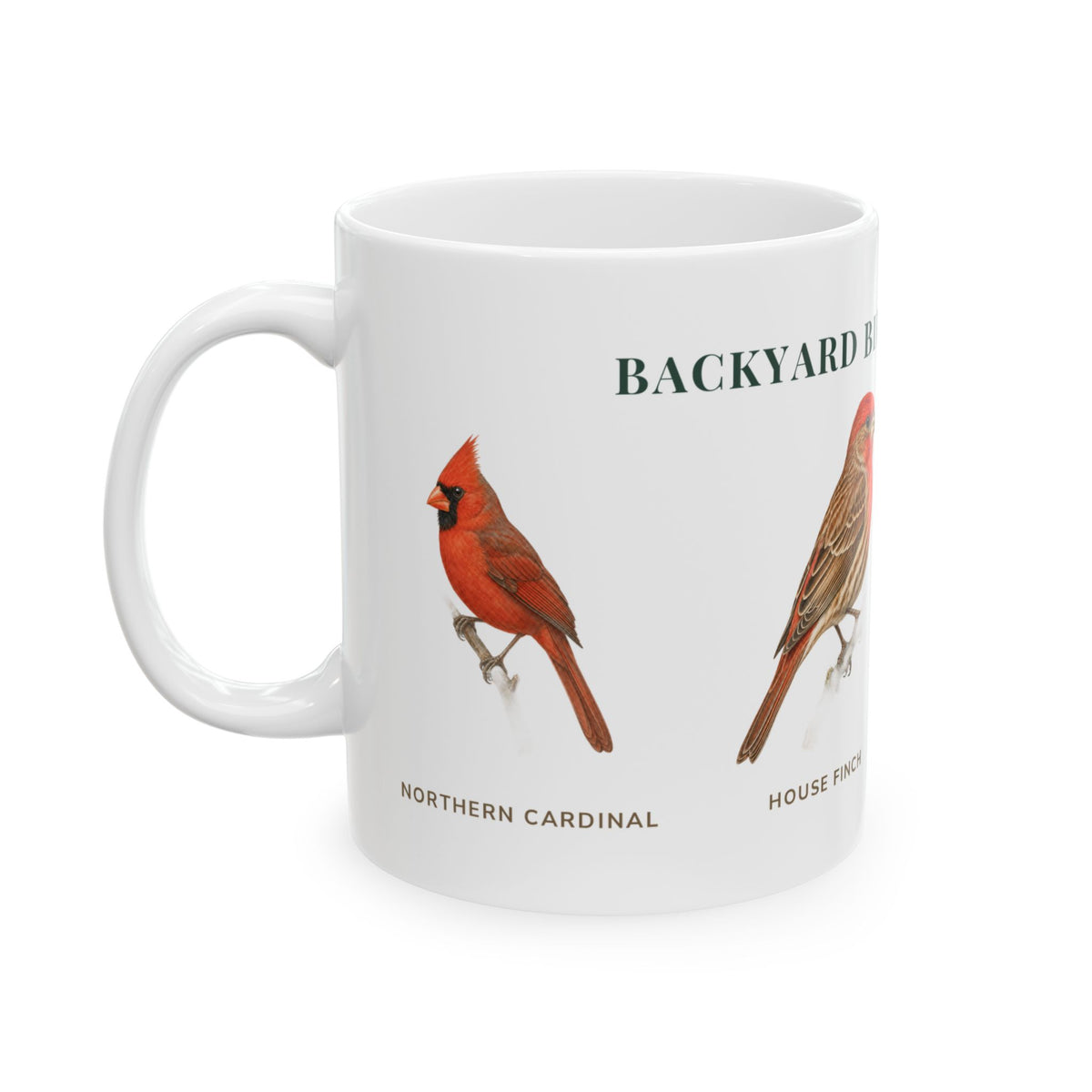 Backyard Birds of Alabama mug, left side with labeled bird illustrations