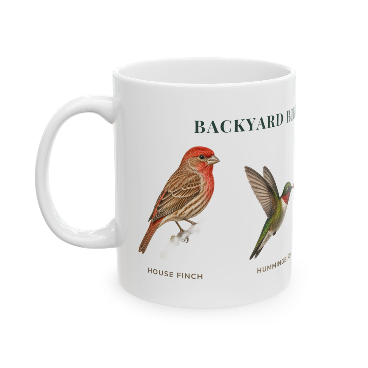 Backyard Birds of California mug, left side — labeled House Finch and hummingbird