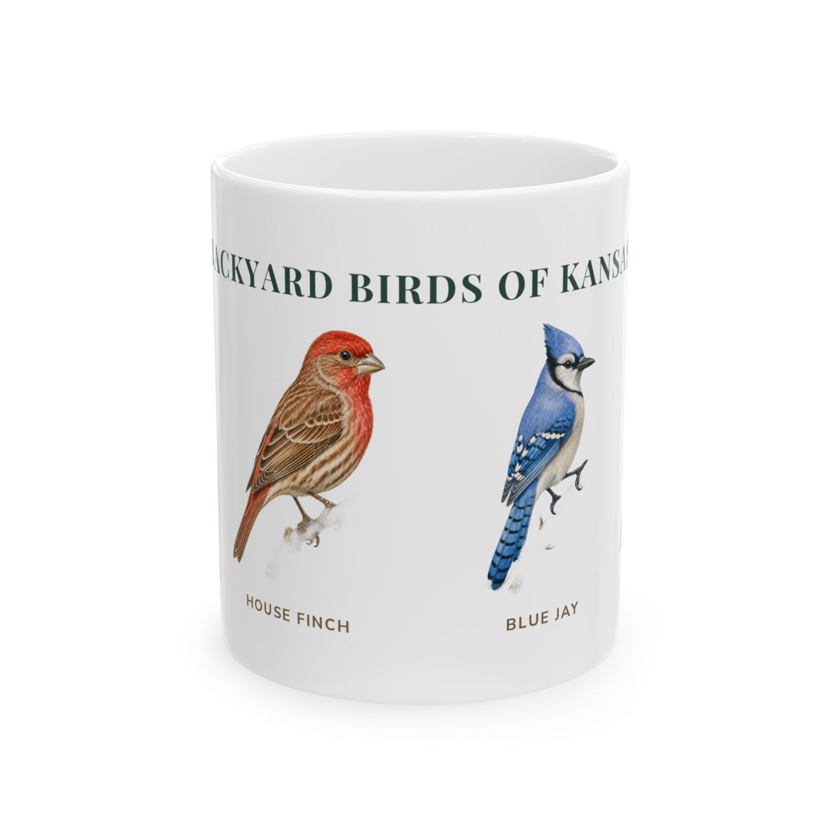 Backyard Birds of Kansas ceramic mug with labeled House Finch and Blue Jay illustrations