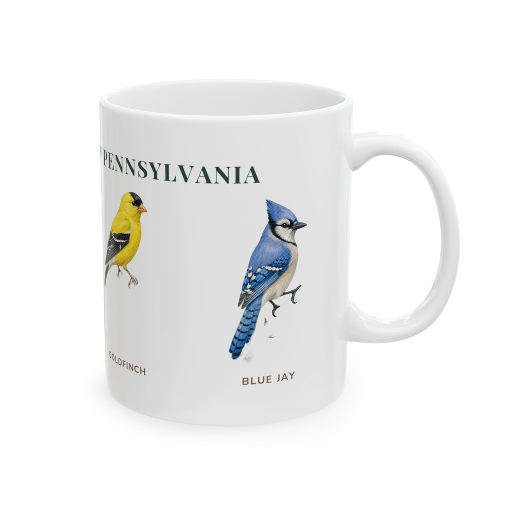 Backyard Birds of Pennsylvania mug, alternate view — labeled Goldfinch, Cardinal and Chickadee illustrations