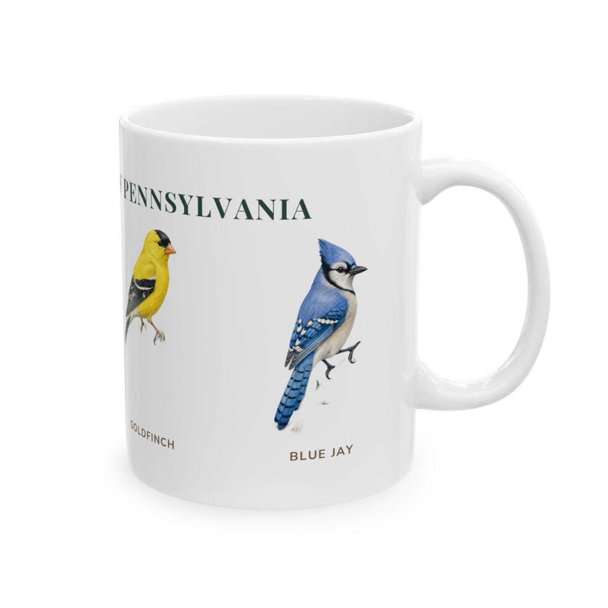Backyard Birds of Pennsylvania mug, alternate view — labeled Goldfinch, Cardinal and Chickadee illustrations