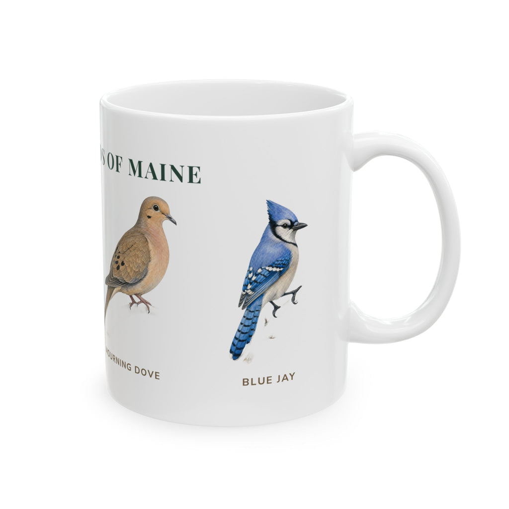 Backyard Birds of Maine mug, right side with labeled bird illustrations