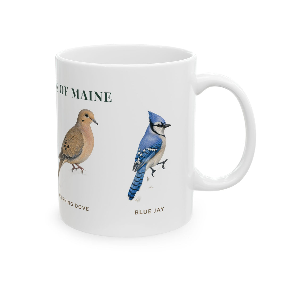 Backyard Birds of Maine mug, right side with labeled bird illustrations