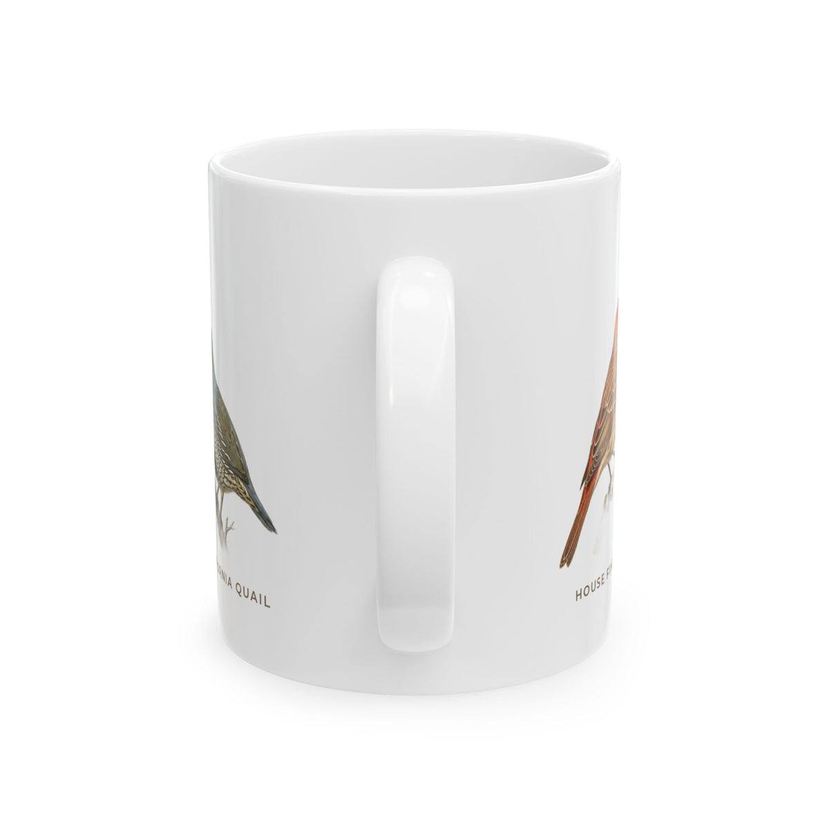 Backyard Birds of Nevada Mug — Labeled House Finch, White-crowned Sparrow, Lesser Goldfinch & California Quail (11oz)