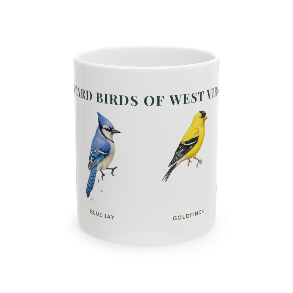 Backyard Birds of West Virginia ceramic mug with labeled Blue Jay and American Goldfinch illustrations