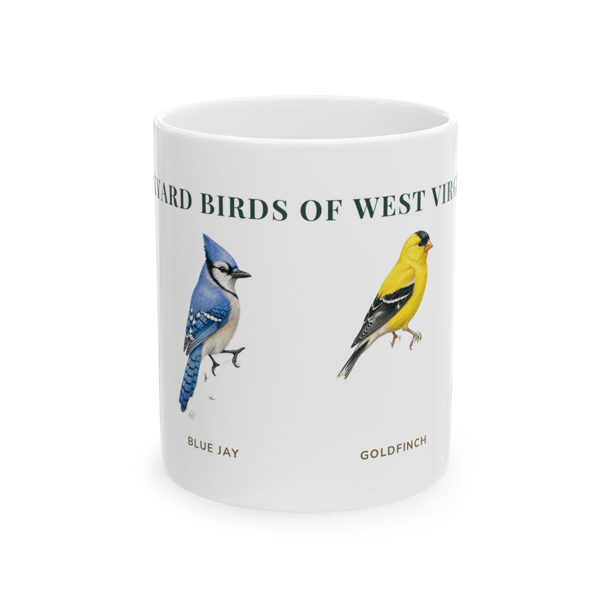 Backyard Birds of West Virginia ceramic mug with labeled Blue Jay and American Goldfinch illustrations