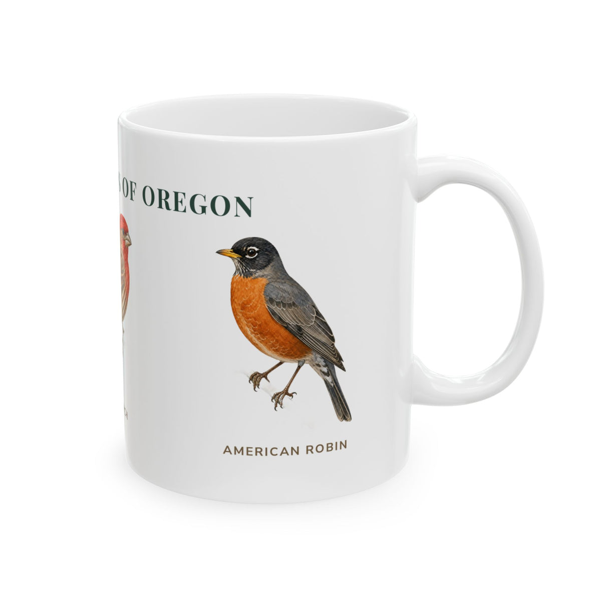 Backyard Birds of Oregon mug, right side with labeled bird illustrations