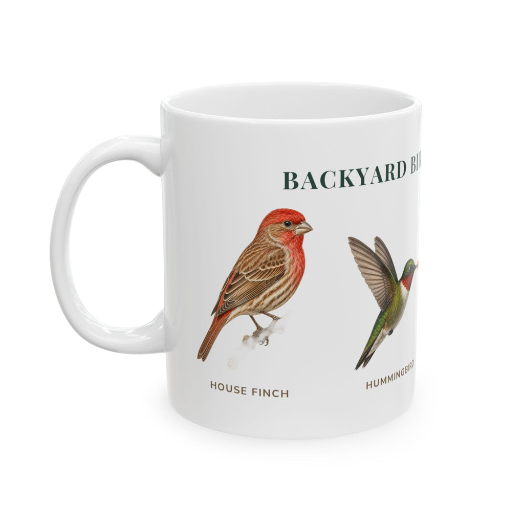 Backyard Birds of Colorado mug, alternate view — labeled House Finch, hummingbird, Chickadee and Robin illustrations