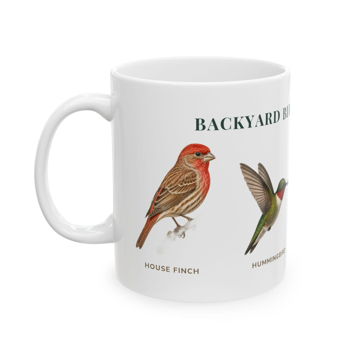 Backyard Birds of Colorado mug, alternate view — labeled House Finch, hummingbird, Chickadee and Robin illustrations