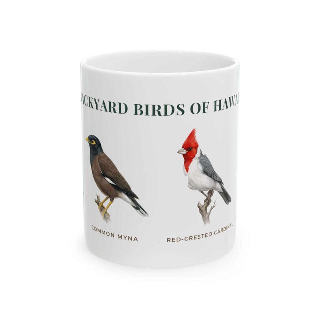 Backyard Birds of Hawaii Mug — Labeled Zebra Dove, Common Myna, Red-crested Cardinal & Warbling White-eye (11oz)