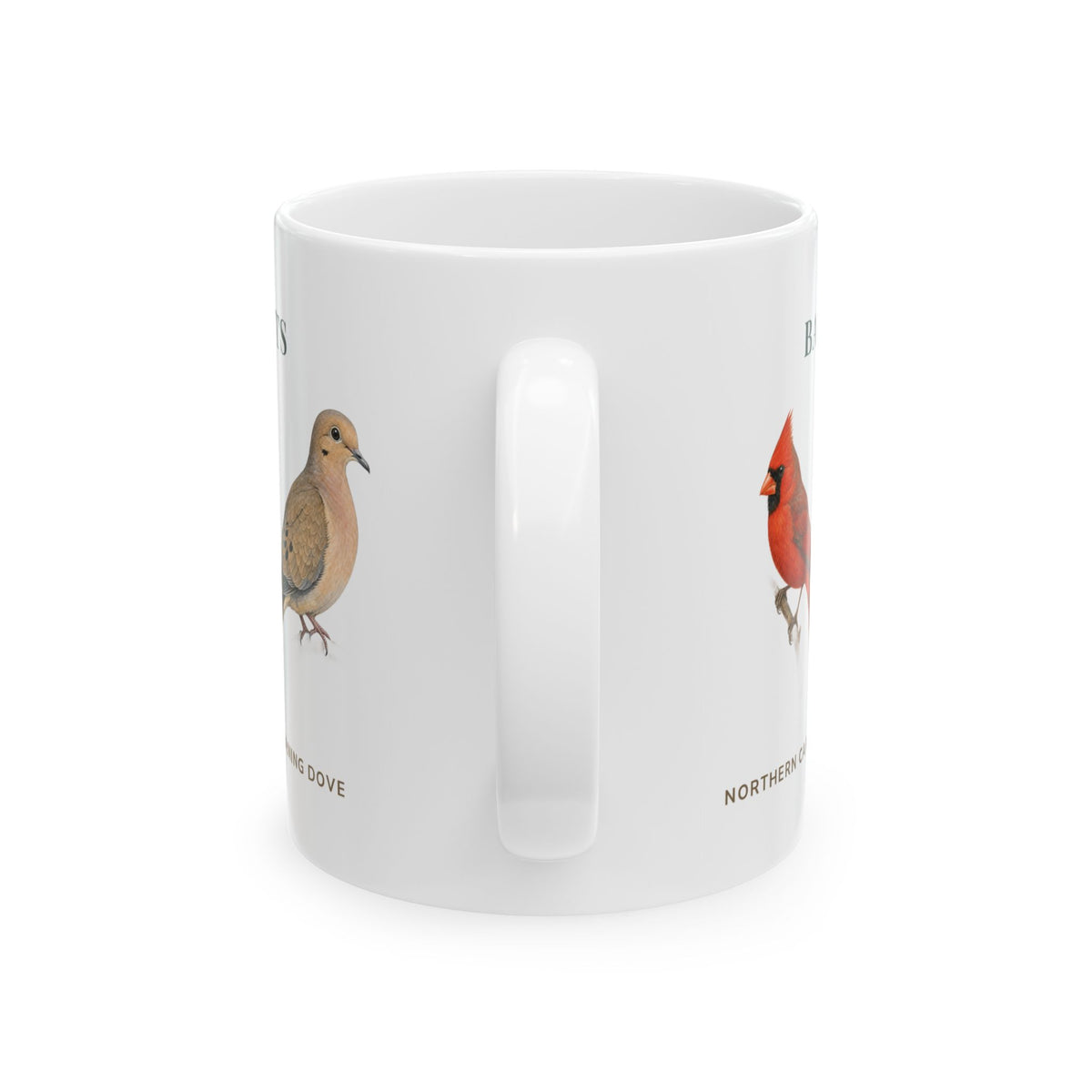 Backyard Birds of Massachusetts mug, handle view