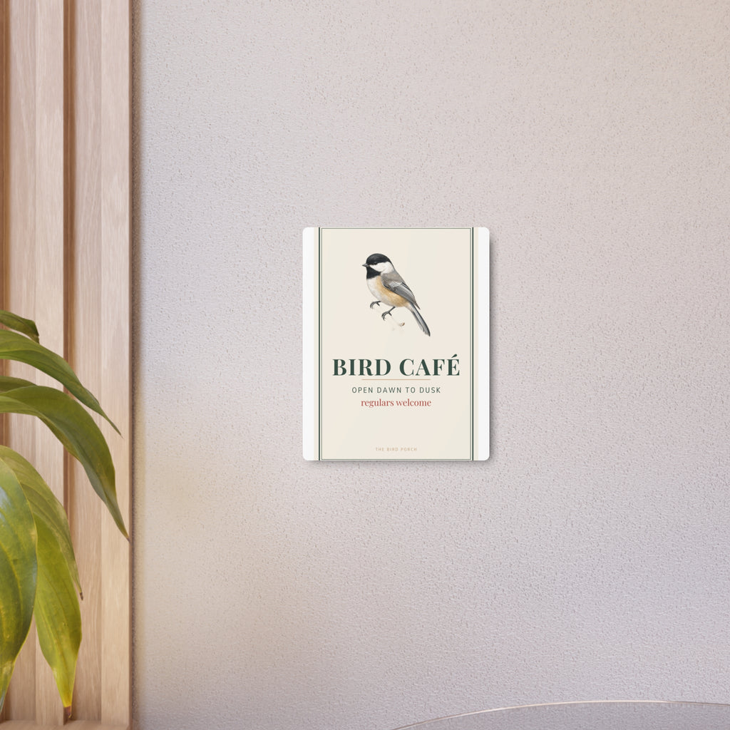 Bird Café Metal Sign – Open Dawn to Dusk Chickadee Porch Sign, Bird Feeder Garden Decor