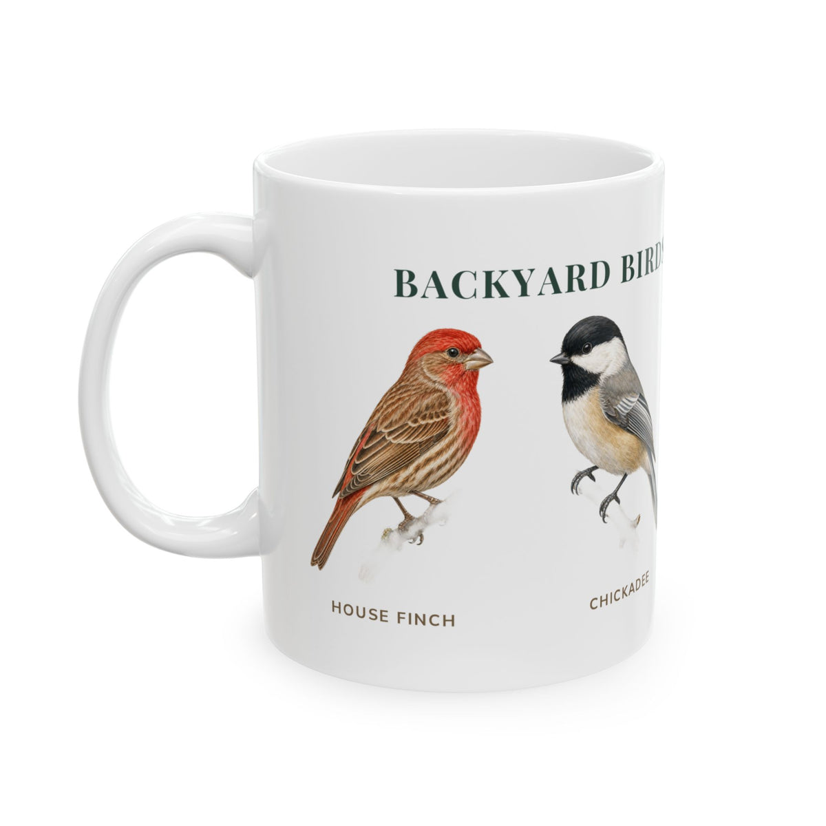 Backyard Birds of North Dakota mug, left side with labeled bird illustrations