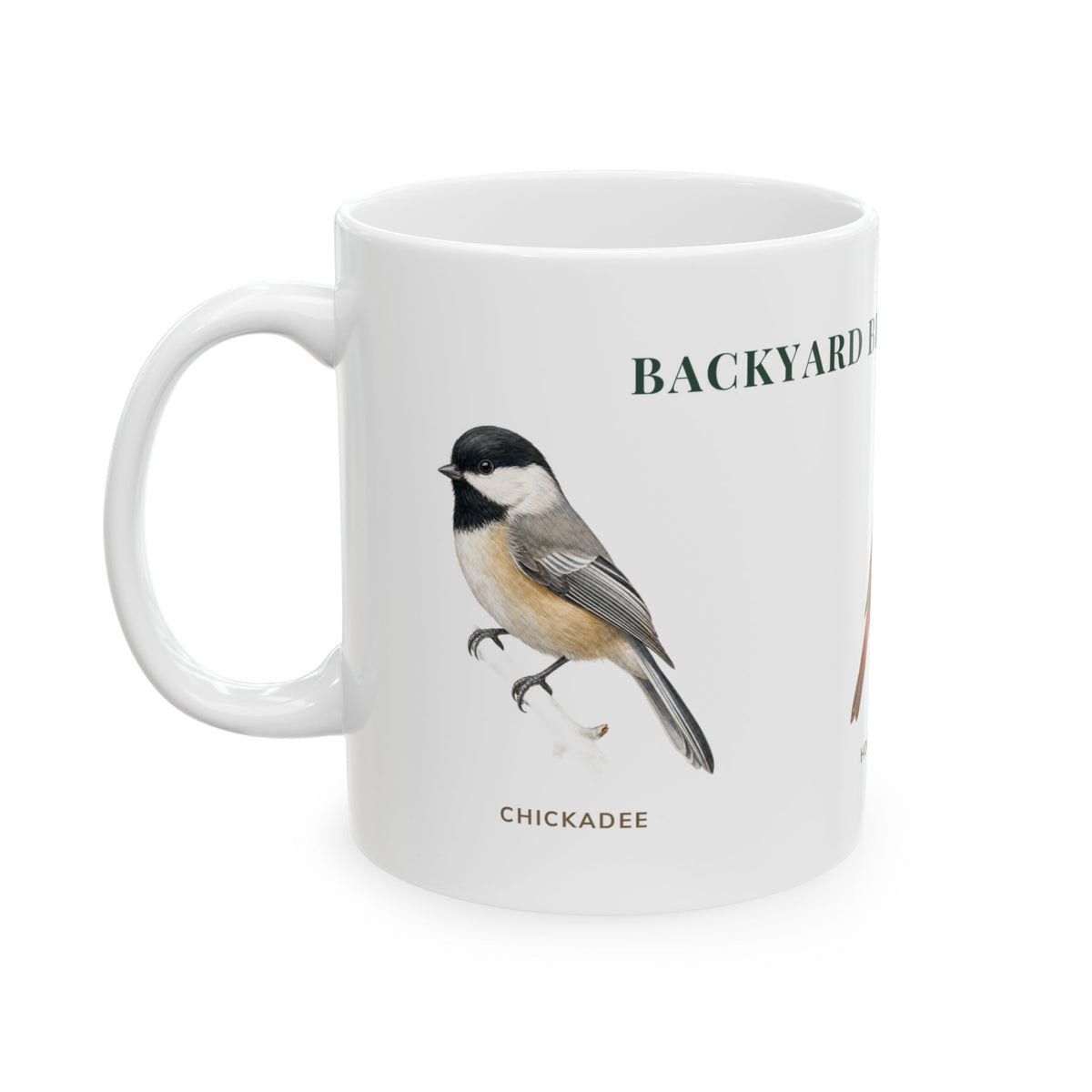 Backyard Birds of Oregon mug, left side with labeled bird illustrations