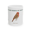 Backyard Birds of Montana ceramic mug with labeled House Finch illustration