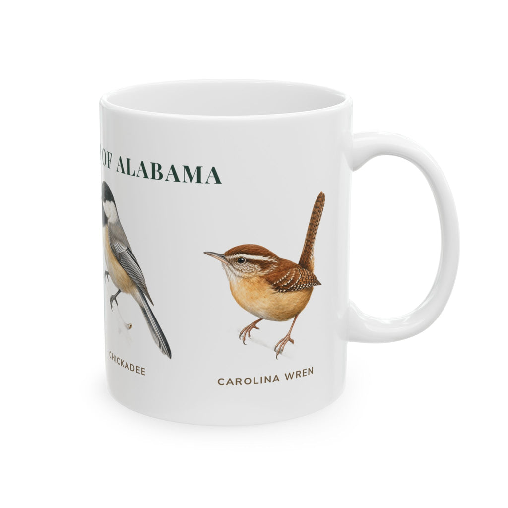 Backyard Birds of Alabama mug, right side with labeled bird illustrations