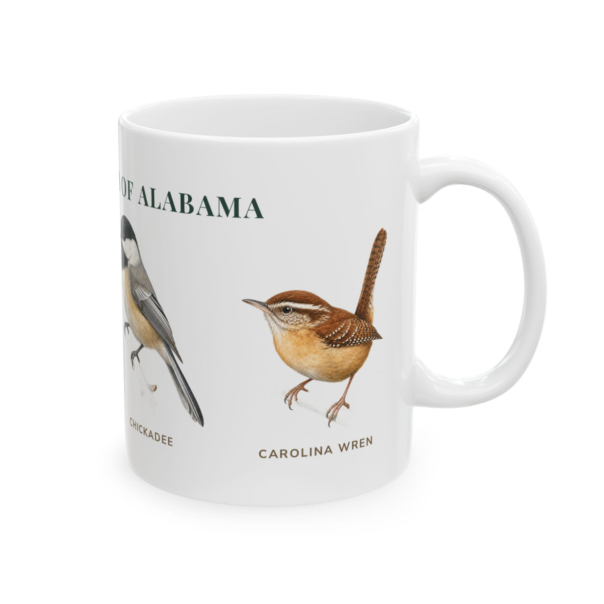 Backyard Birds of Alabama mug, right side with labeled bird illustrations