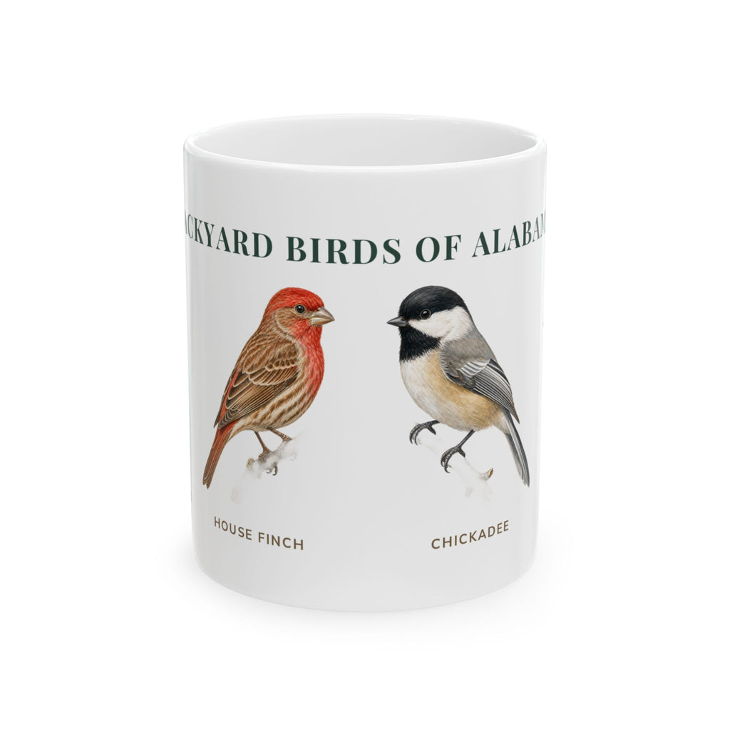 Backyard Birds of Alabama ceramic mug with labeled House Finch and Chickadee illustrations