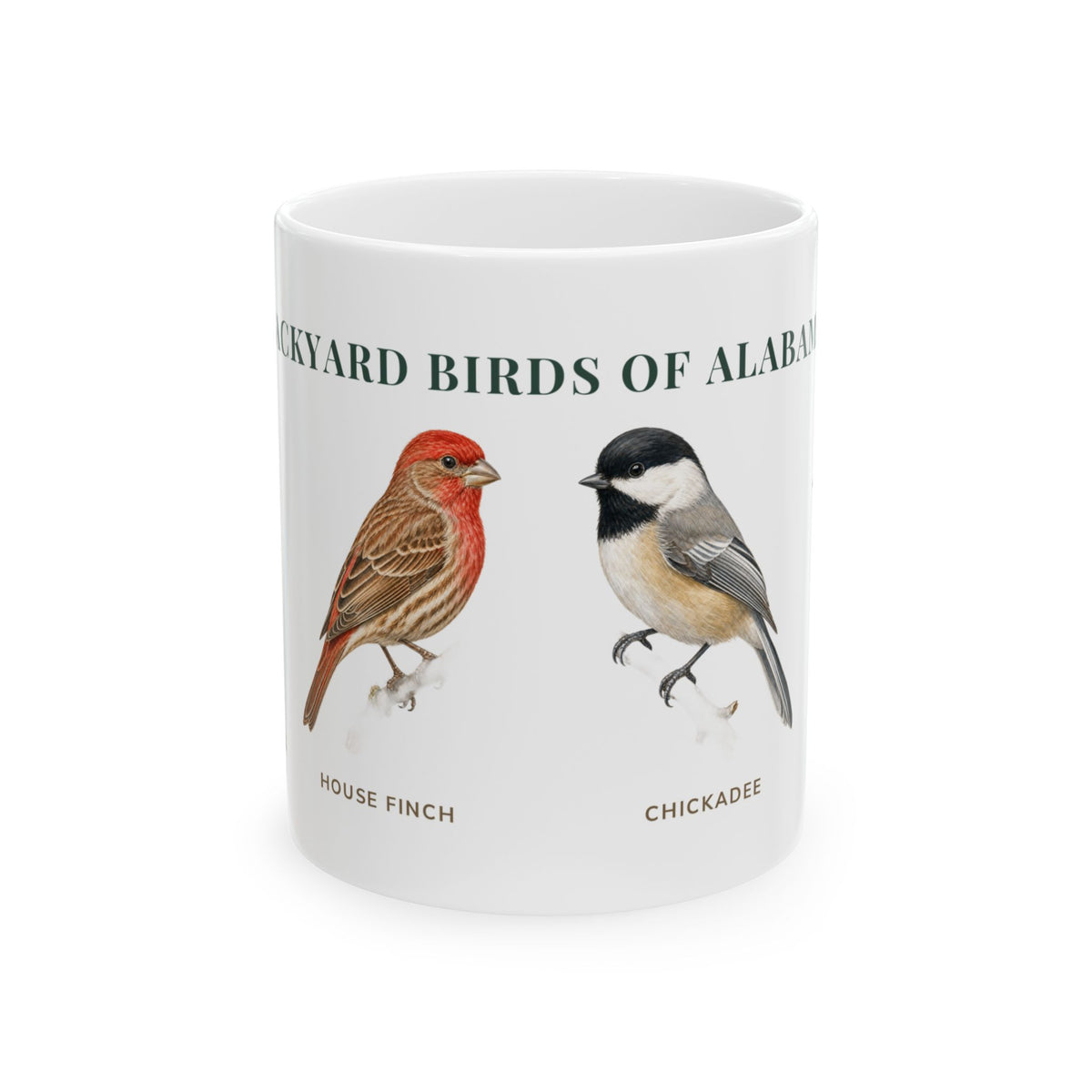 Backyard Birds of Alabama ceramic mug with labeled House Finch and Chickadee illustrations