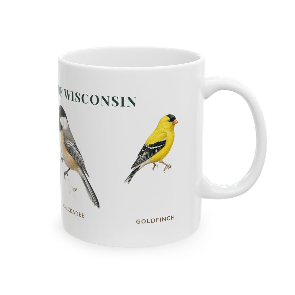 Backyard Birds of Wisconsin mug, alternate view — labeled Robin, Cardinal, Chickadee and Goldfinch illustrations