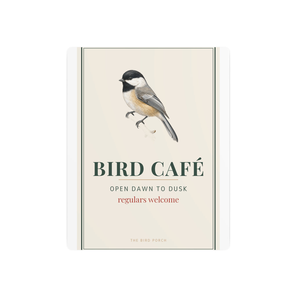 Bird Café Metal Sign – Open Dawn to Dusk Chickadee Porch Sign, Bird Feeder Garden Decor