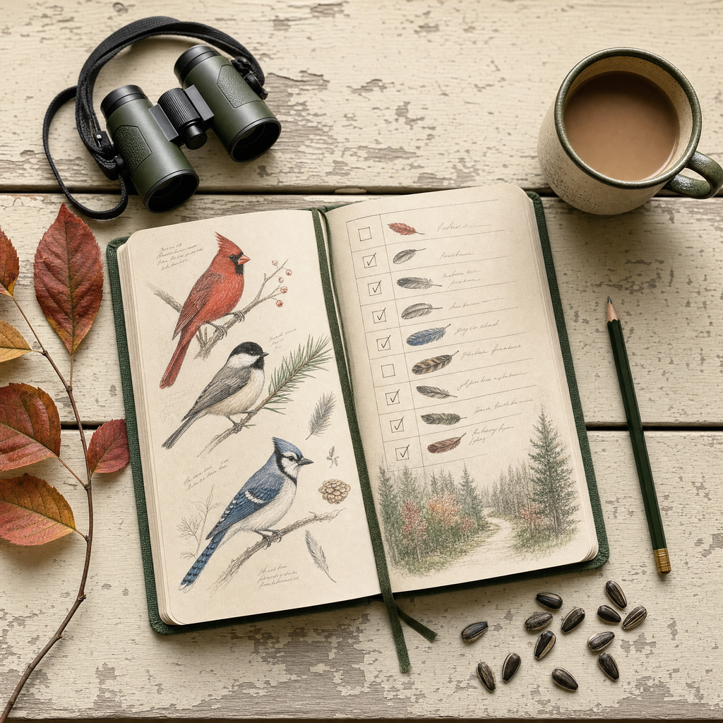 Bird journal, binoculars and coffee on a porch table