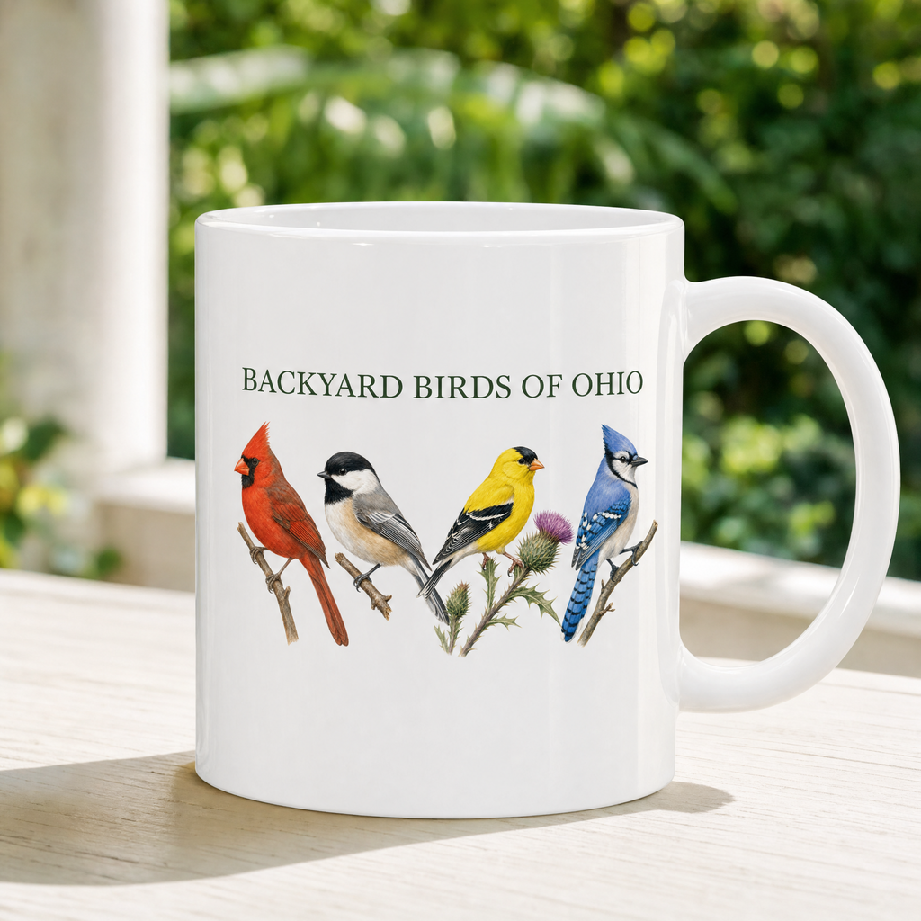 Backyard Birds of Ohio mug on a porch table